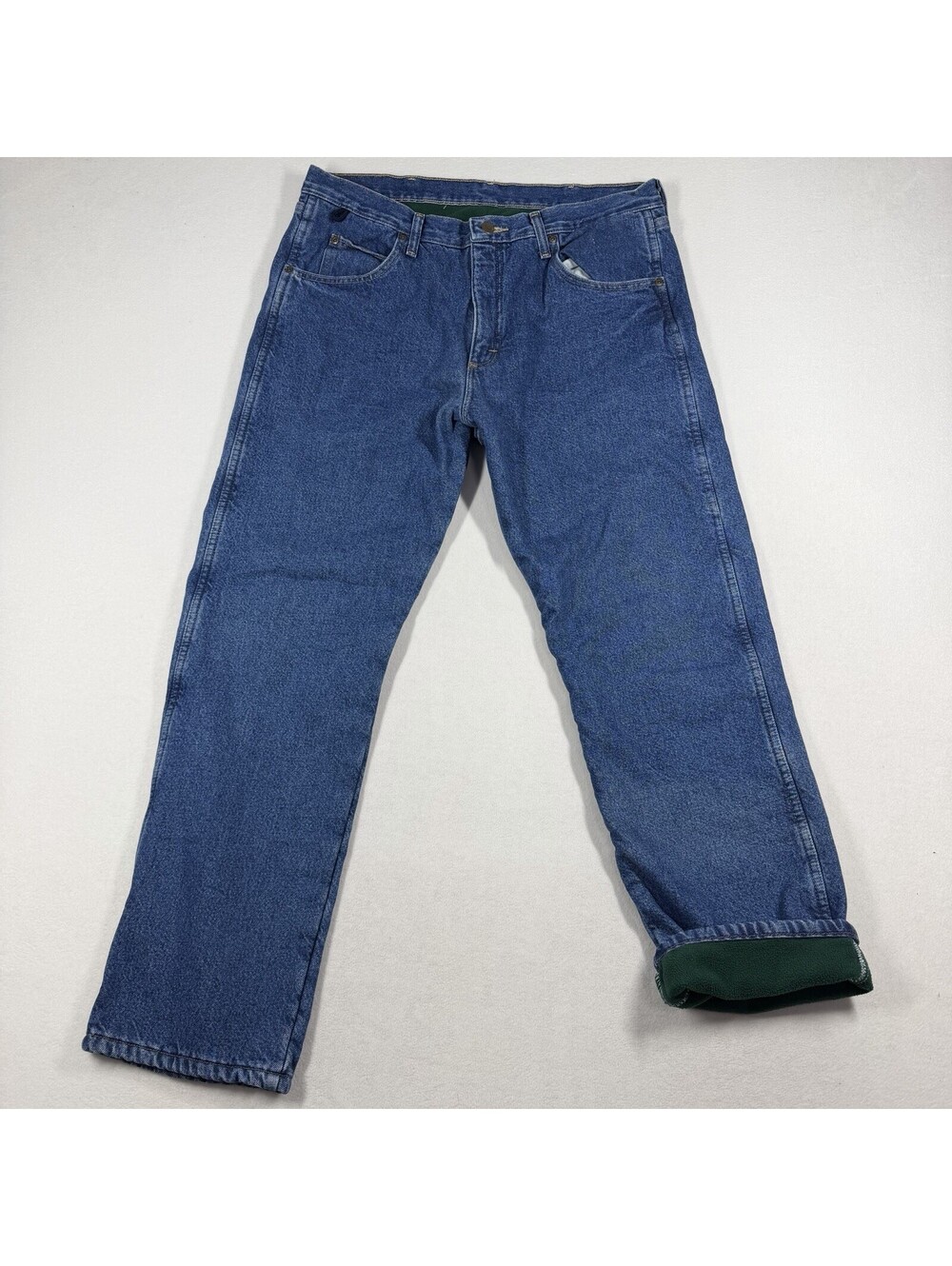 Wrangler Mens 36x32 Rugged Wear Jeans Blue Green Quilted Fleece Lined